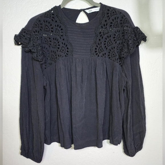 Zara Tops - Zara Black Ruffle Eyelet Long Sleeve Blouse Size Small